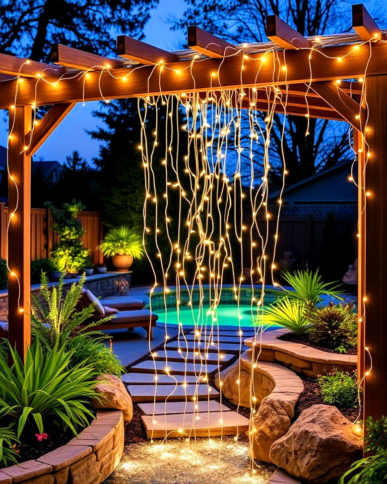 cascading elegance with waterfall lights - 40 Backyard Lighting Ideas