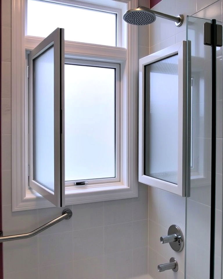 casement window with frosted glass for shower space - 30 Shower Window Ideas
