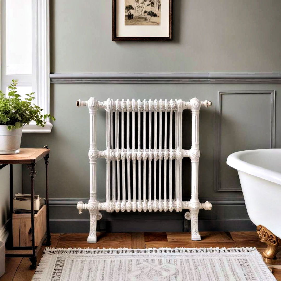 cast iron radiator to add warmth - 40 Farmhouse Bathroom Ideas