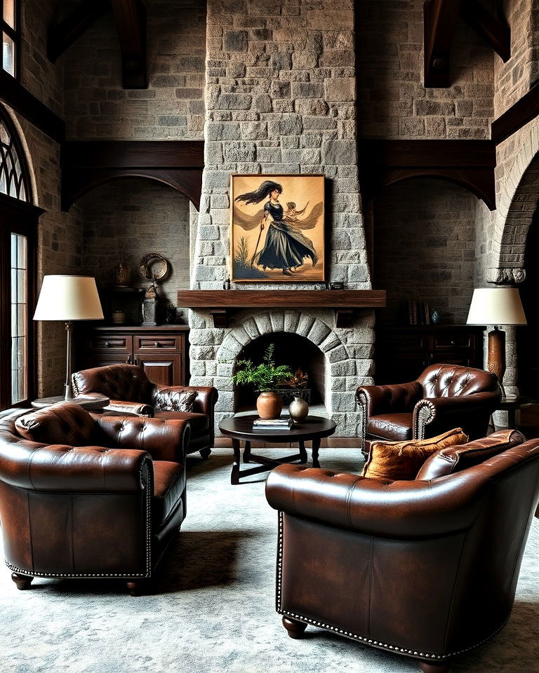 castle inspired with leather armchairs - 20 Castle Living Room Ideas