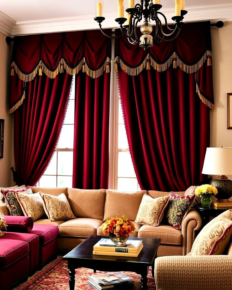 castle like living room with heavy drapes and tassels - 20 Castle Living Room Ideas