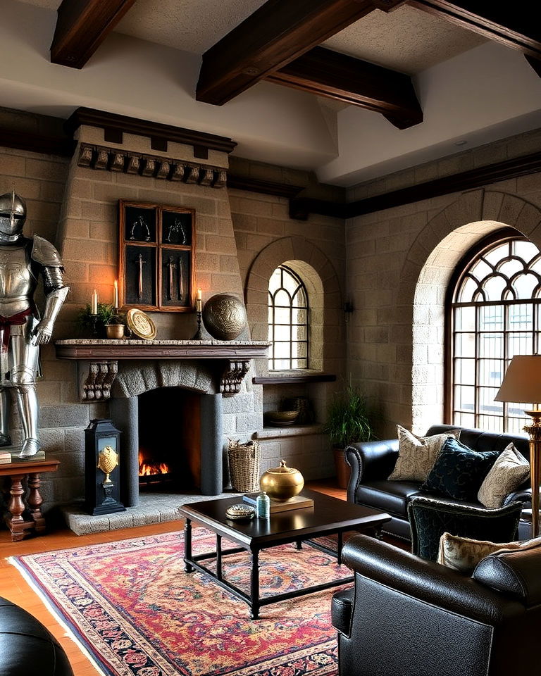 castle living room with medieval artifacts - 20 Castle Living Room Ideas