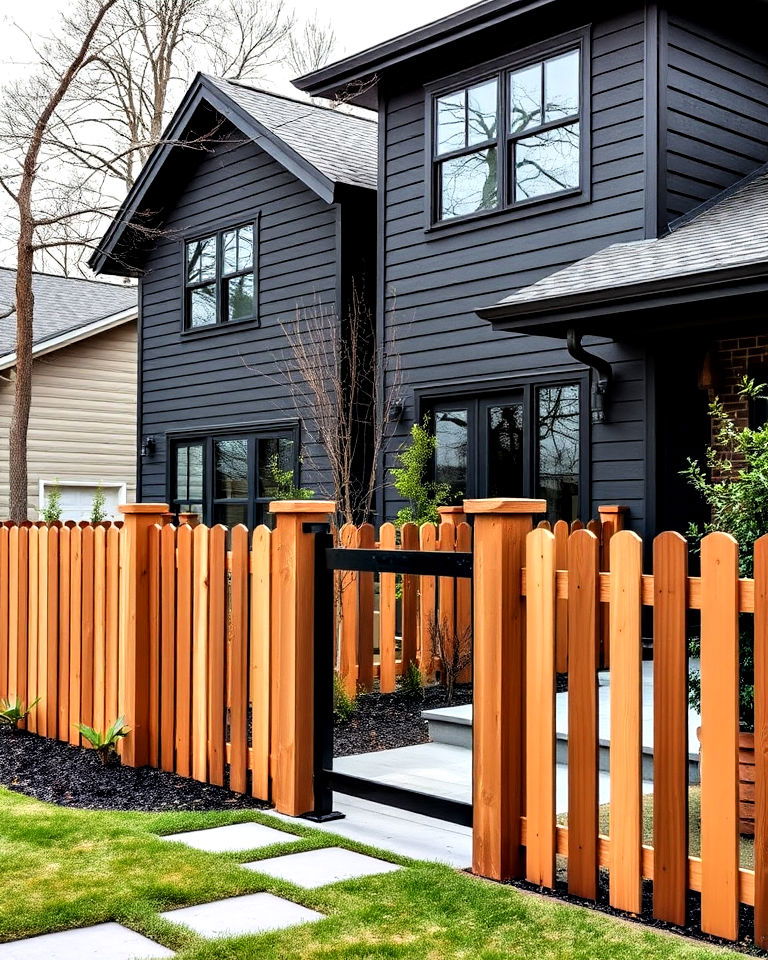 cedar accent fencing with black house - 20 Black House With Cedar Accents