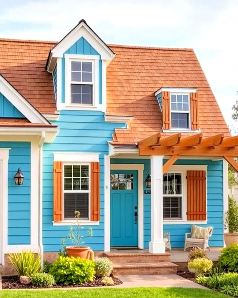 cedar brown roof for aqua blue home exterior - 25 Blue Exterior Home With a Brown Roof Ideas