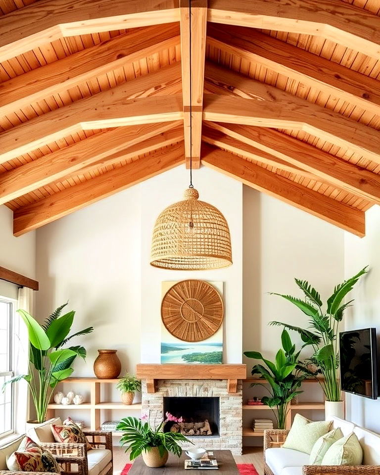 ceiling beams with tropical themed decor - 25 Tropical Living Room Ideas