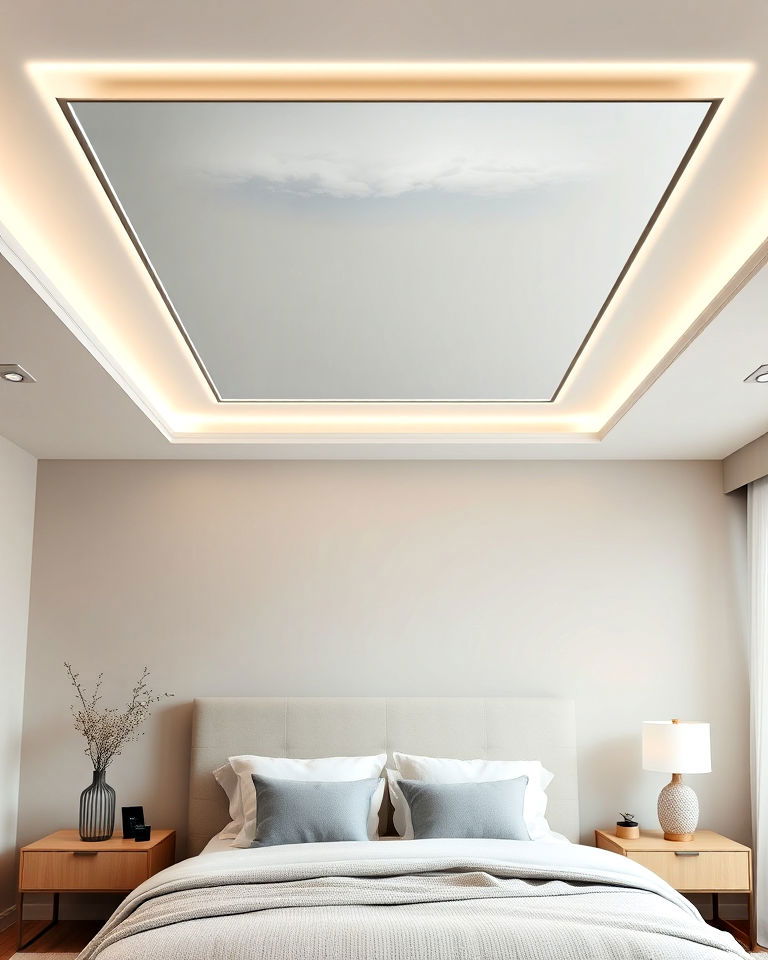 ceiling mirror above the bed with frosted borders - 20 Mirror on Ceiling Above Bed Ideas