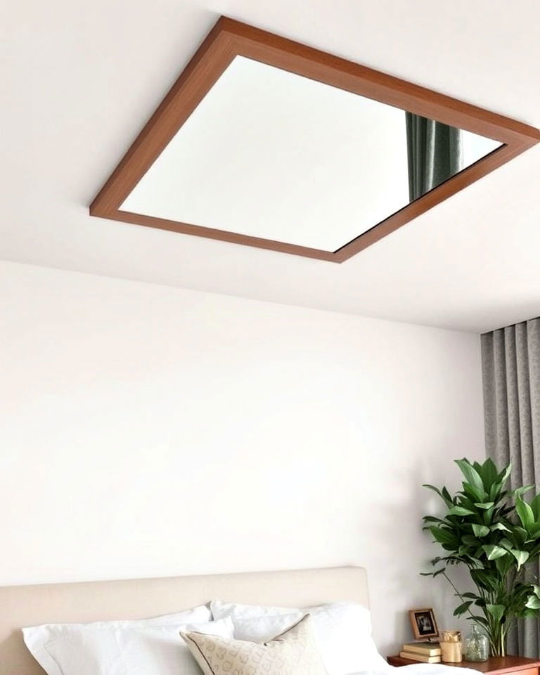 ceiling mirror with rustic wooden frame - 20 Mirror on Ceiling Above Bed Ideas