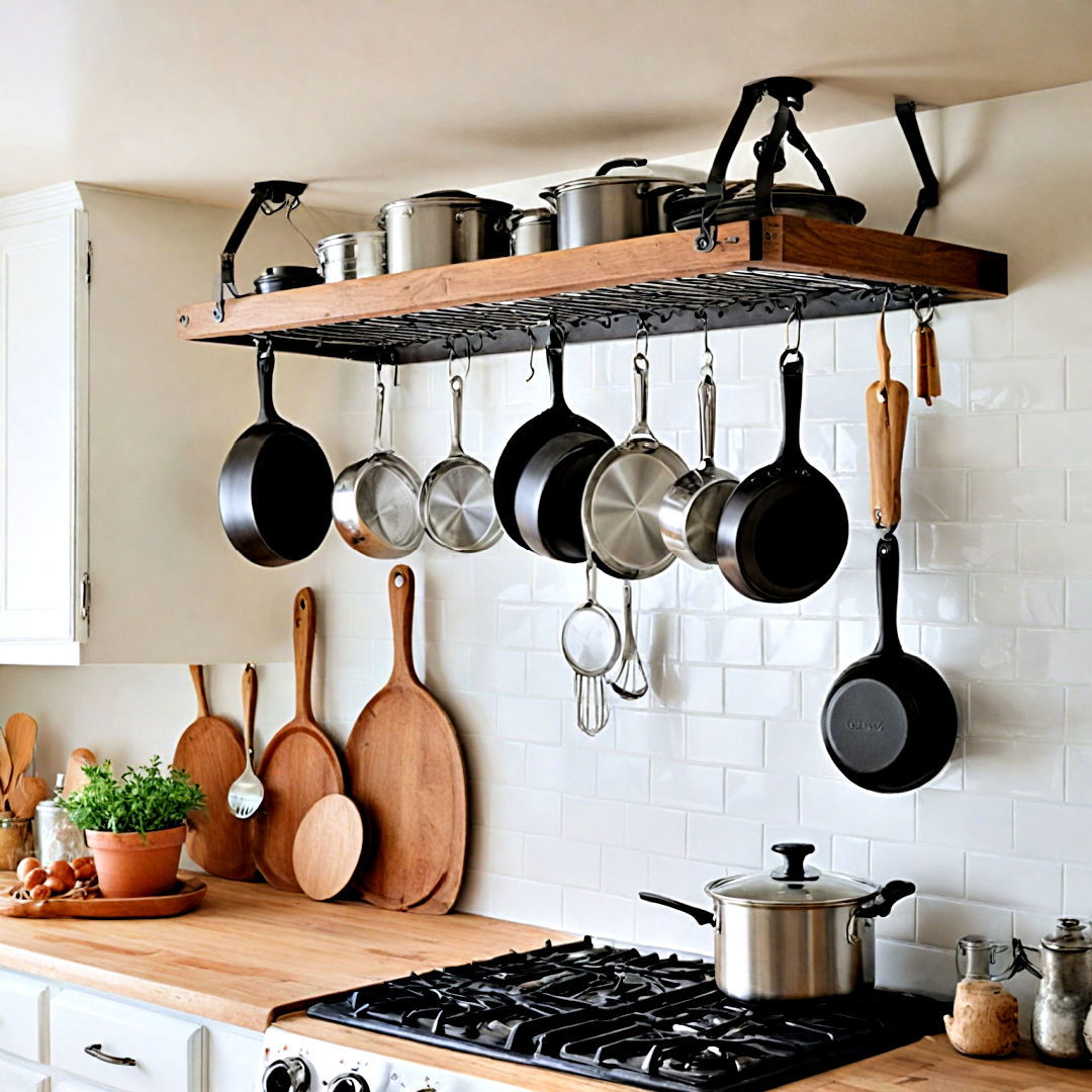 ceiling mounted pot hanging rack - 30 Small Apartment Storage Ideas