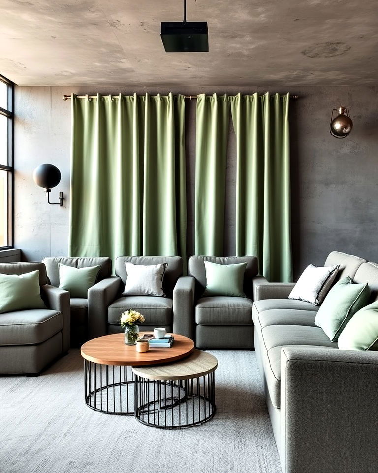 cement gray and sage green home theater - 20 Gray Home Theater Paint Color Schemes
