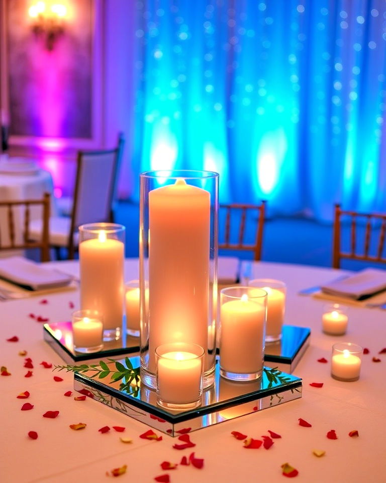 centerpiece with candle and mirror combo - 30 Rehearsal Dinner Centerpiece Ideas
