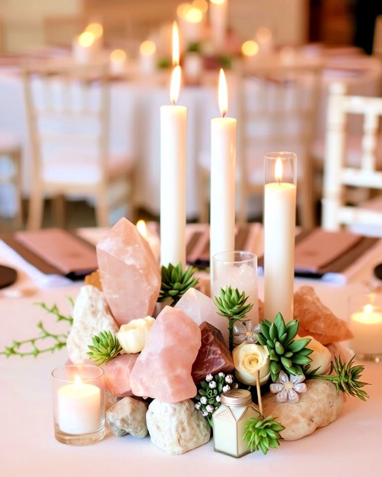 centerpiece with crystal and stone accents - 30 Rehearsal Dinner Centerpiece Ideas