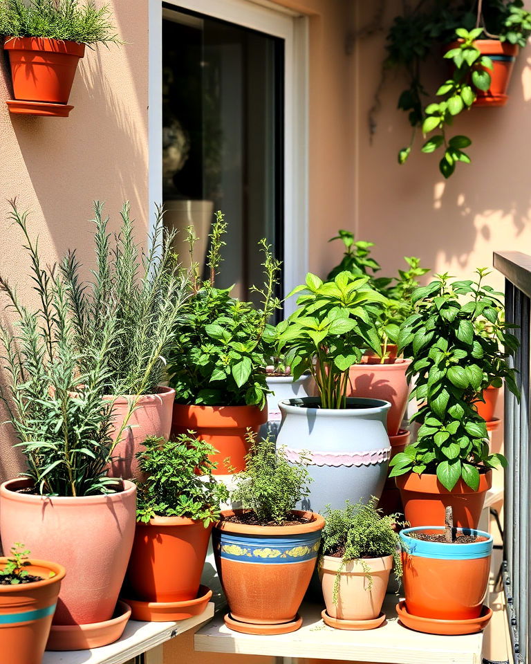 ceramic pots with mediterranean herbs - 20 Mediterranean Balcony Ideas