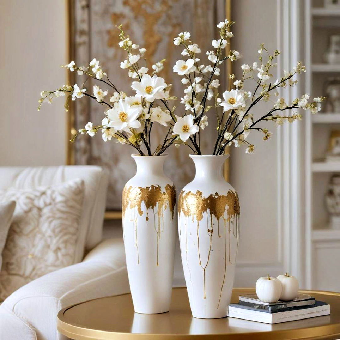 ceramic vases with gold leaf detailing - 25 White and Gold Living Room Ideas