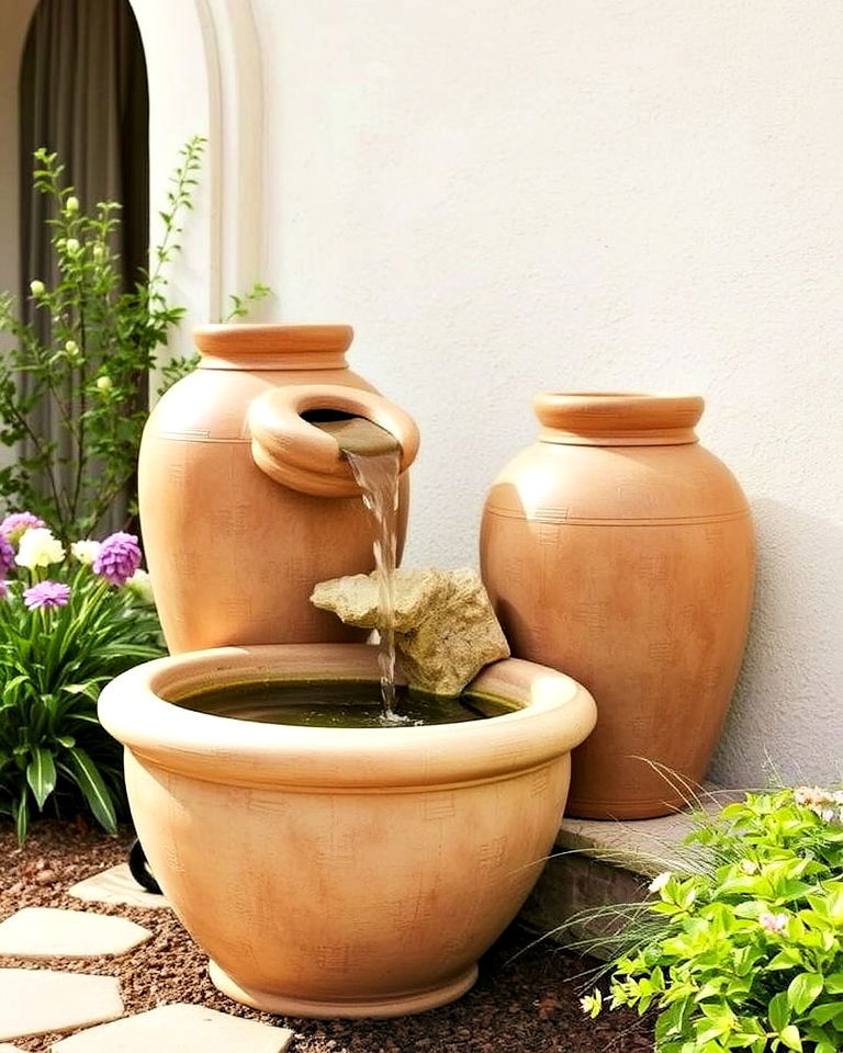 ceramic water jar feature for greek garden - 30 Greek Garden Ideas