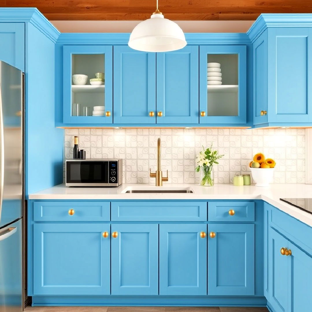 cerulean blue cabinets and gold button knobs - 30 Blue Kitchen Cabinets With Gold Hardware
