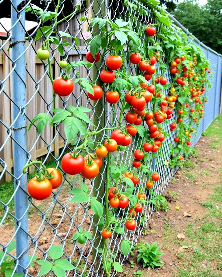 chain link fence as a tomato trellis - 30 Tomato Trellis Ideas