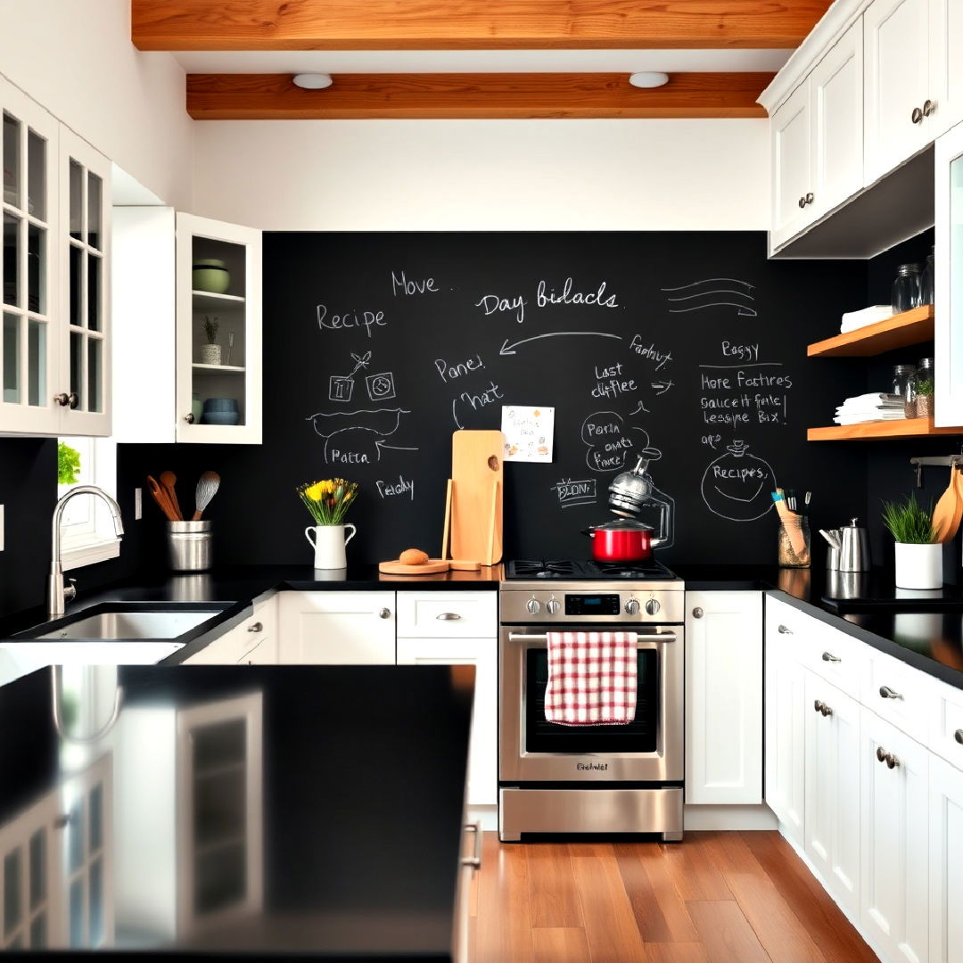 chalkboard wall for white kitchen with black countertops - 40 White Kitchen With Black Countertops Ideas