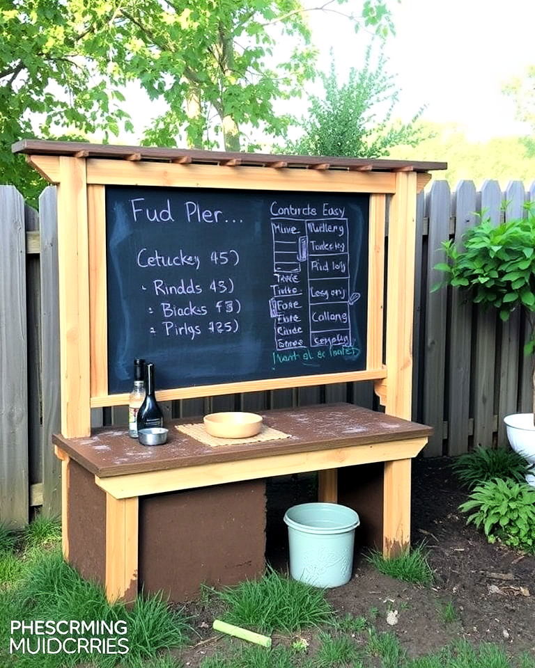 chalkboard with mud kitchen - 20 Mud Kitchen Ideas