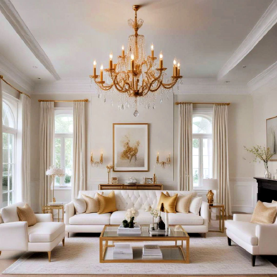 chandelier for white and gold living room - 25 White and Gold Living Room Ideas