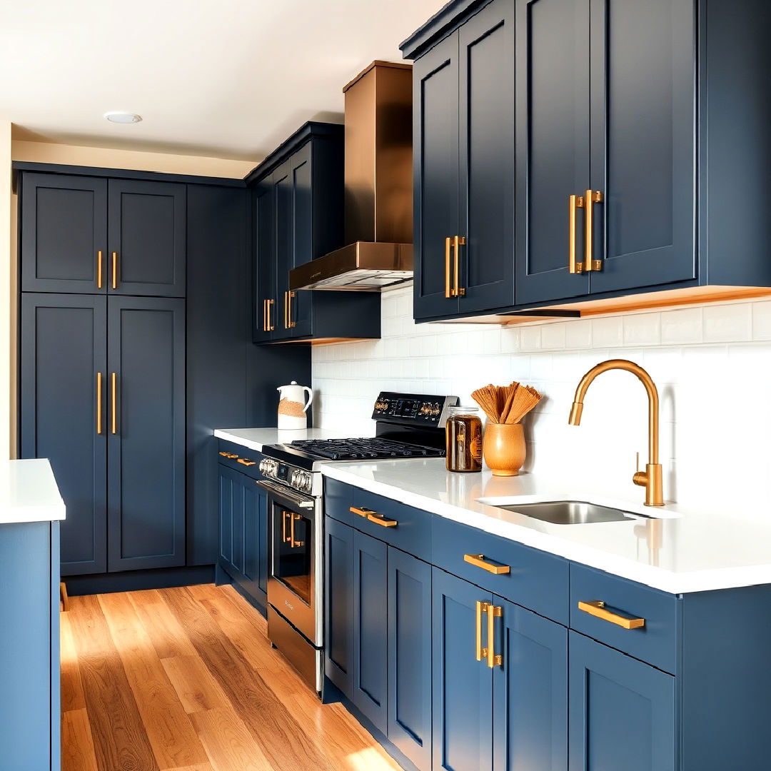 charcoal blue cabinets with brushed gold t bar handles - 30 Blue Kitchen Cabinets With Gold Hardware