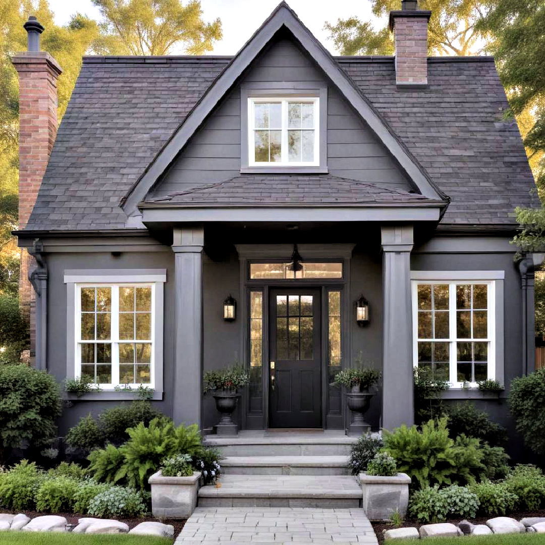charcoal gray with white and black trims - 40 Gray Exterior House Paint Ideas