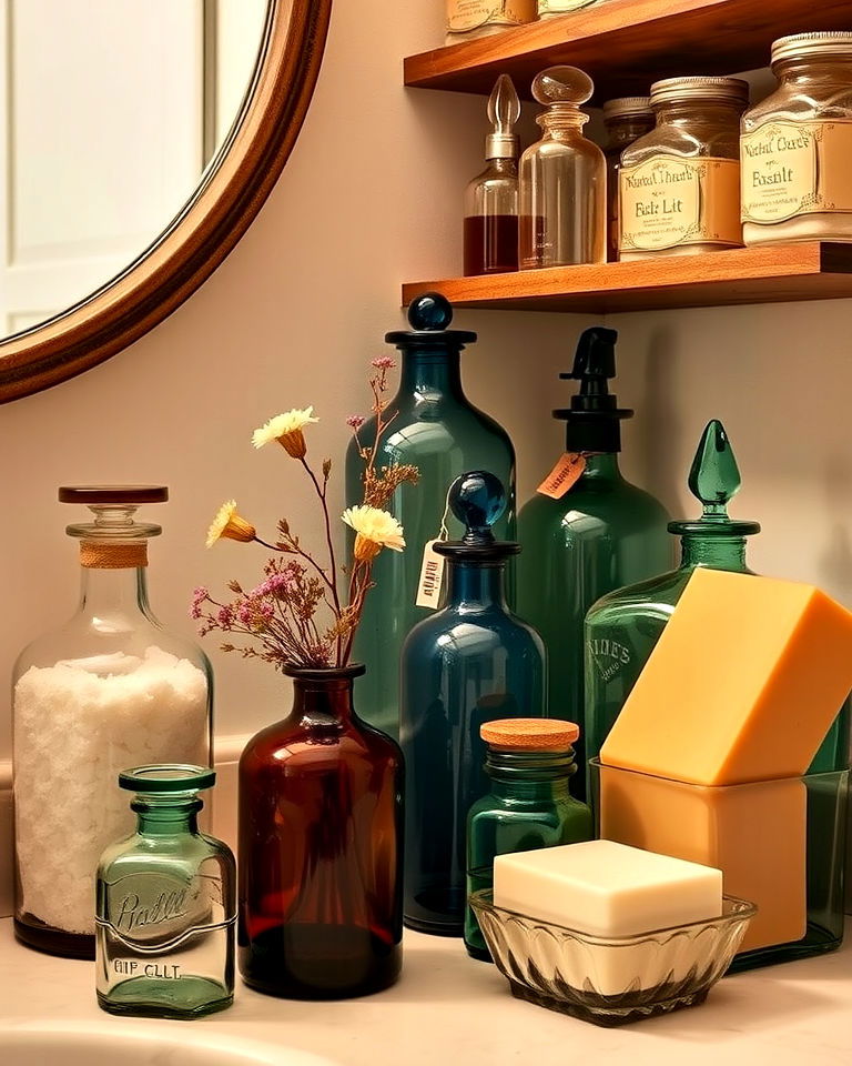 charming apothecary jars and bottles - 20 Dark Academia Bathroom Ideas
