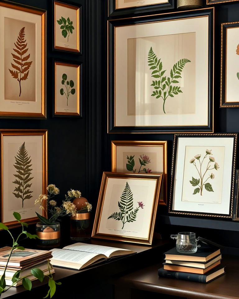 charming botanical prints and herbariums - 20 Dark Academia Home Office Ideas