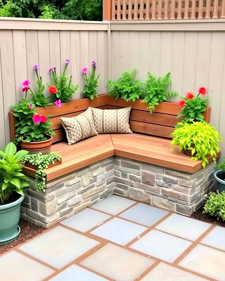 charming corner bench with planters - 30 Corner Landscaping Ideas