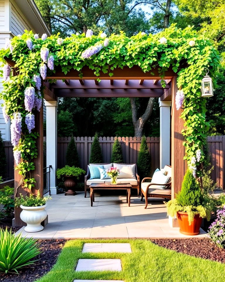 charming corner pergola with vines - 30 Corner Landscaping Ideas