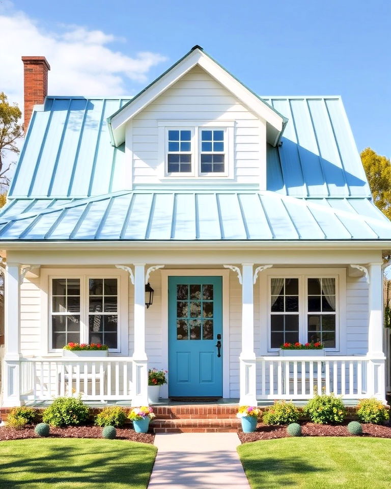 charming cottage bungalow with sky blue roof - 25 Houses With Blue Metal Roofs