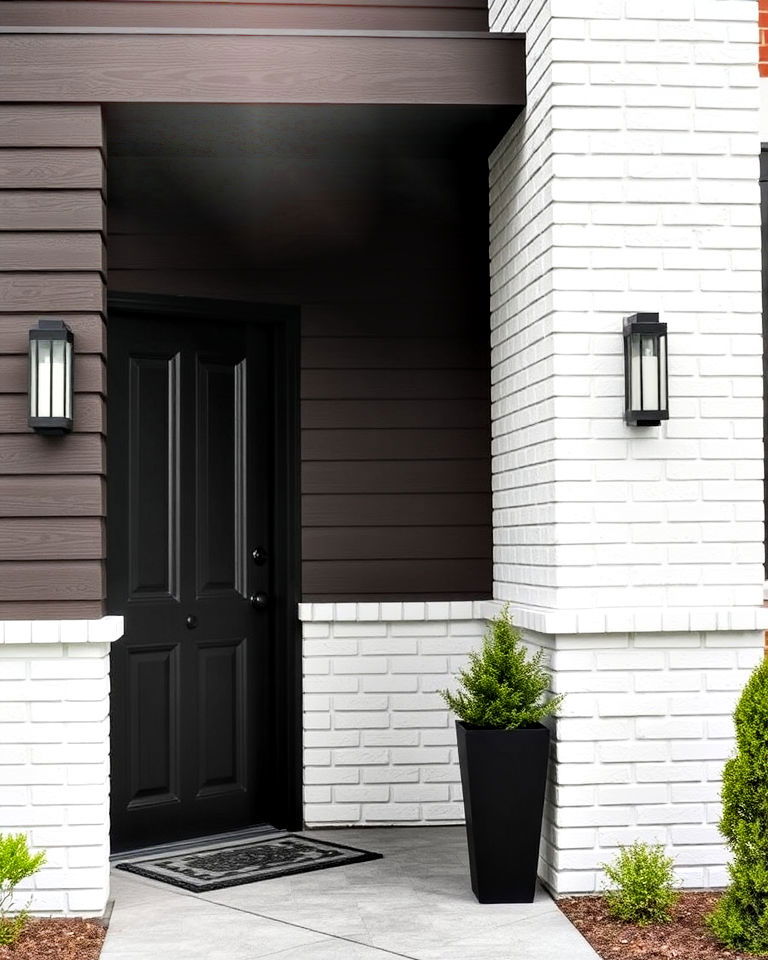 charming dark brown walls and white brick accents - 25 Dark Brown House Exterior Ideas