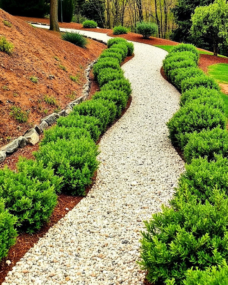 charming gravel pathway with shrubs - 25 Down Sloped Backyard Ideas