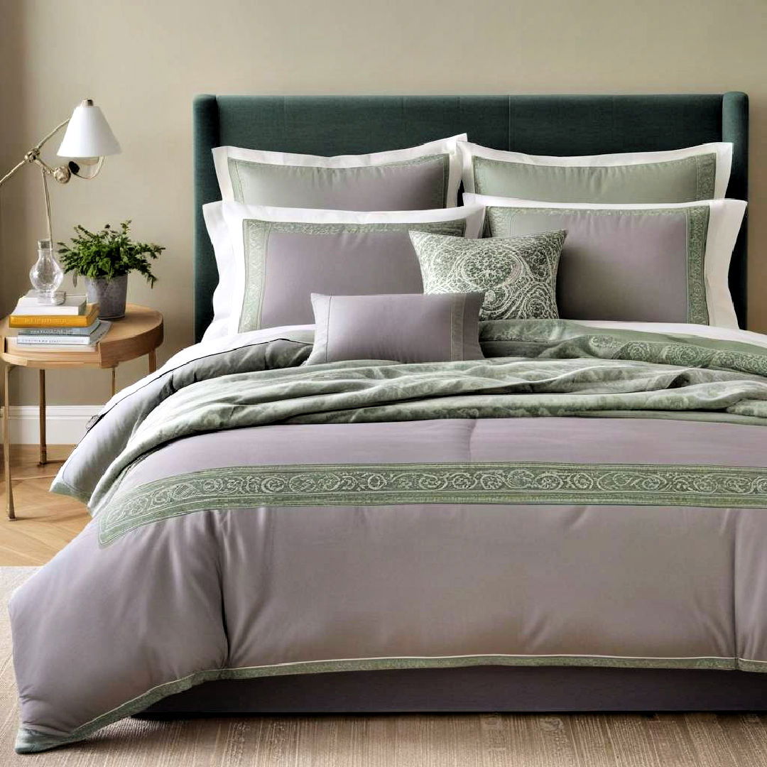 charming grey bedding with green decorative borders - 20 Green and Grey Bedroom Ideas