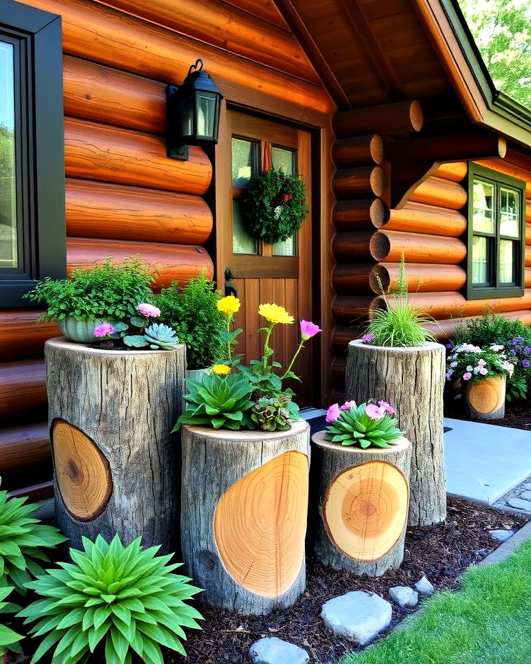charming log and stump planters - 25 Log Cabin Landscaping Ideas