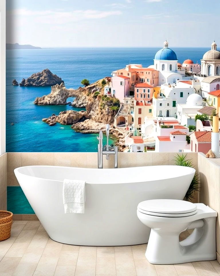 charming mediterranean coastal views - 30 Bathroom Mural Ideas