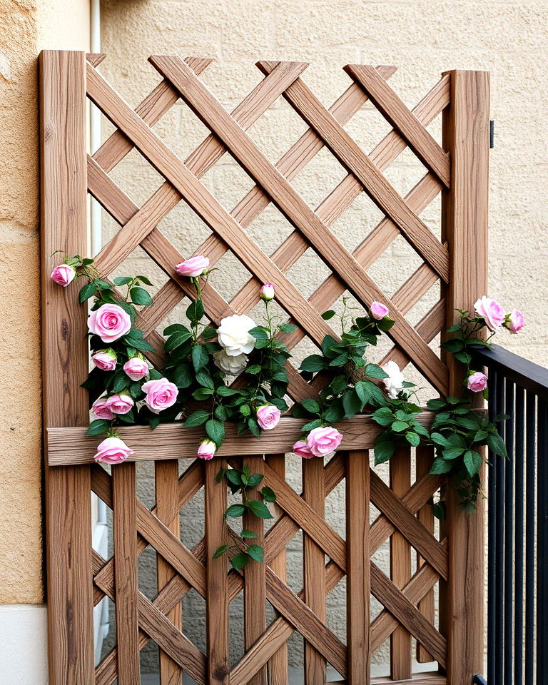 charming rustic wooden lattice trellis - 20 Balcony Trellis Ideas