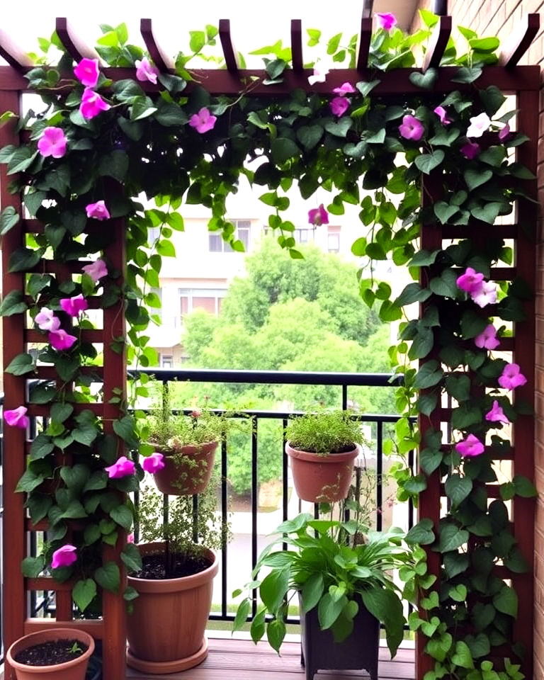 charming trellis with climbing plants - 20 Balcony Divider Ideas