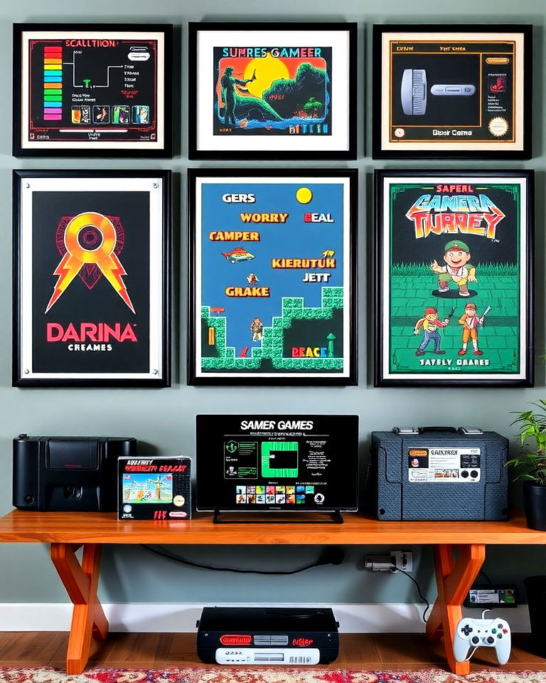 charming vintage posters and artwork - 30 Retro Game Room Ideas