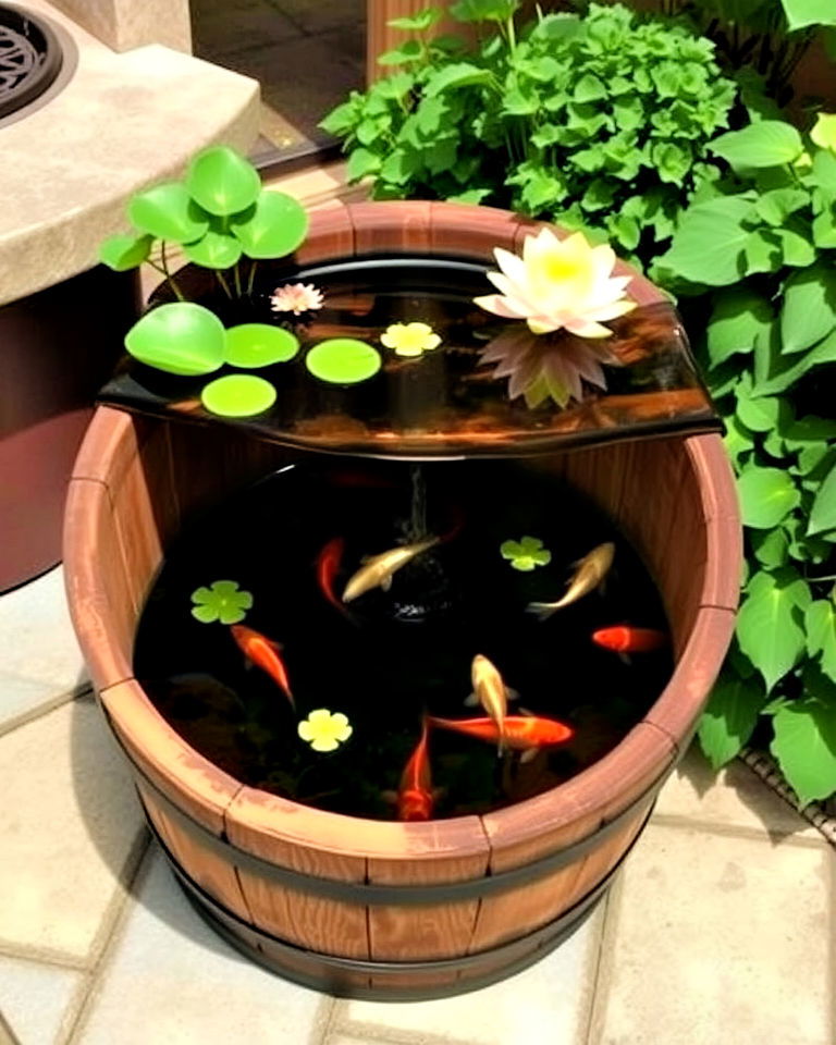 charming whiskey barrel fish pond - 15 Container Fish Pond Ideas