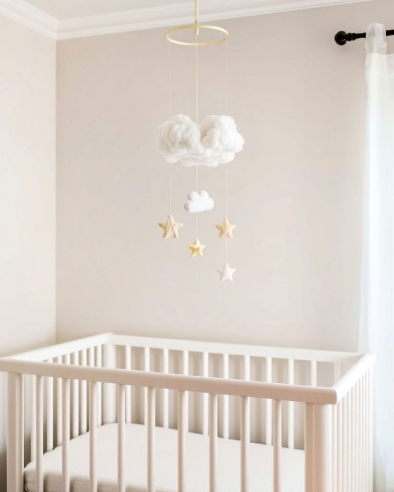 charming white mobile with soft accents - 15 White Nursery Ideas