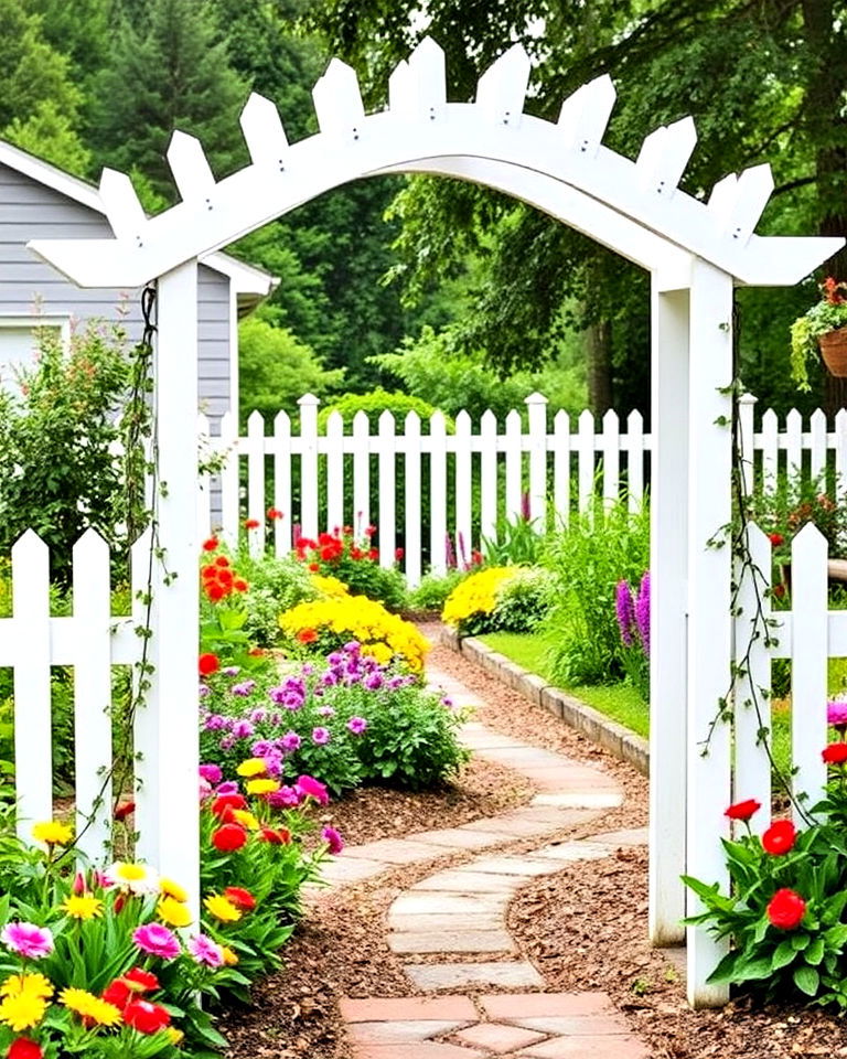 charming white picket fence arbor - 40 Garden Arbor Ideas