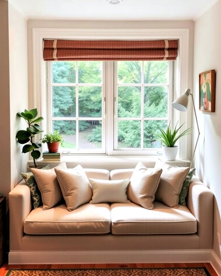 charming window seat inspired couch setup - 20 Couch in Front of Window Ideas
