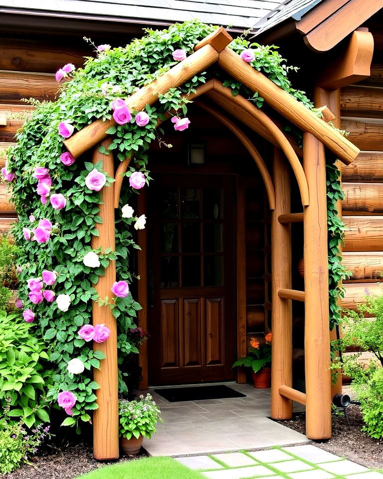 charming wooden arch with climbing plants - 25 Log Cabin Landscaping Ideas