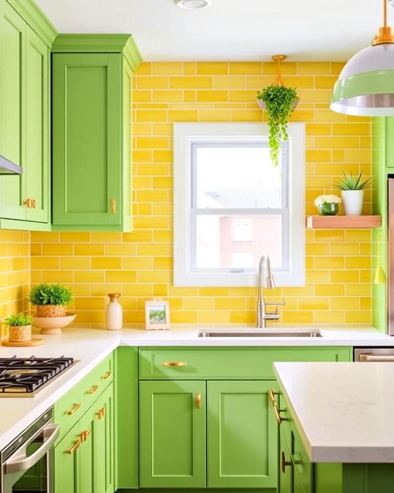 chartreuse kitchen backsplash with soft green accents - 20 Green and Yellow Kitchen Ideas