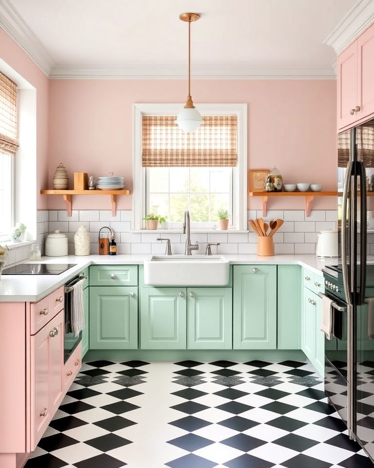 checkered floor kitchen with soft pastel accents - 25 Kitchens With Checkered Floors