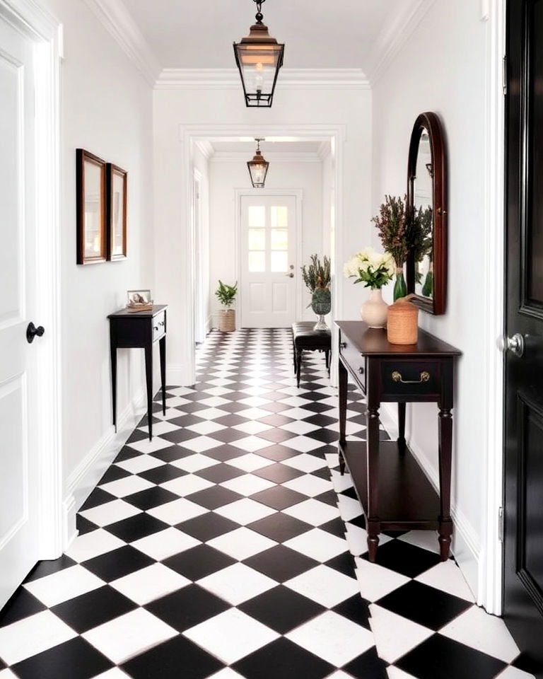 checkered floor tiles for black and white hallway - 20 Black and White Hallway Ideas