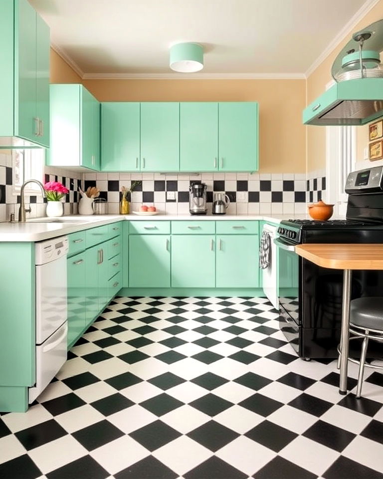checkered floor with bright colored cabinets - 25 Kitchens With Checkered Floors