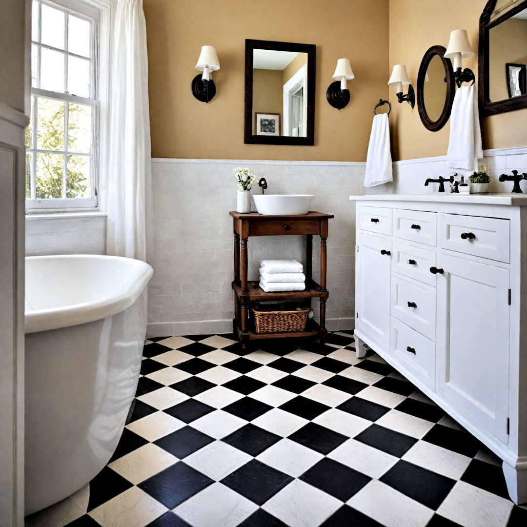 checkered flooring for classic elegance - 40 Farmhouse Bathroom Ideas