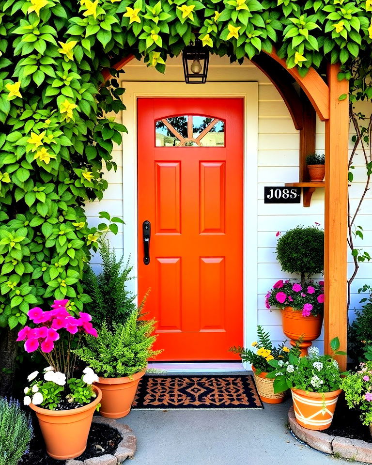 cheerful bright orange door with greenery - 25 Cottage Front Door Ideas