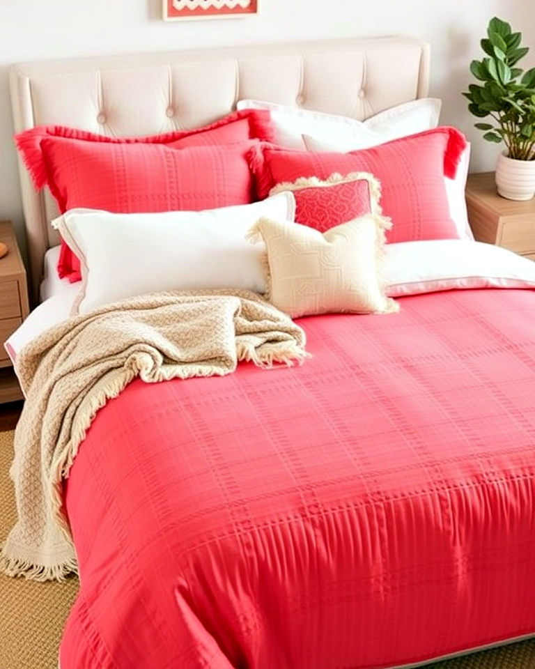 cheerful coral bedspread - 25 Coral Bedroom Ideas